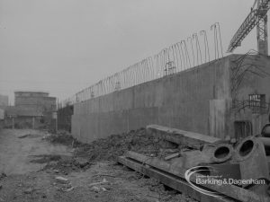 Sewage Works Reconstruction (Riverside Treatment Works) XVIII, showing half-finished wall of storm tank, 1967