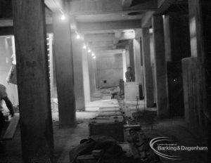 Sewage Works Reconstruction (Riverside Treatment Works) XVIII, showing dimly lit arcade of sunken chamber in pumping house, 1967