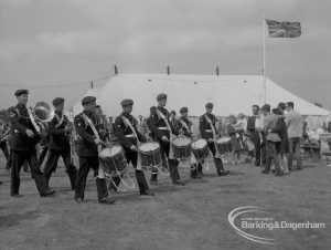 Dagenham Town Show 1967, showing dummers leading band across arena, 1967