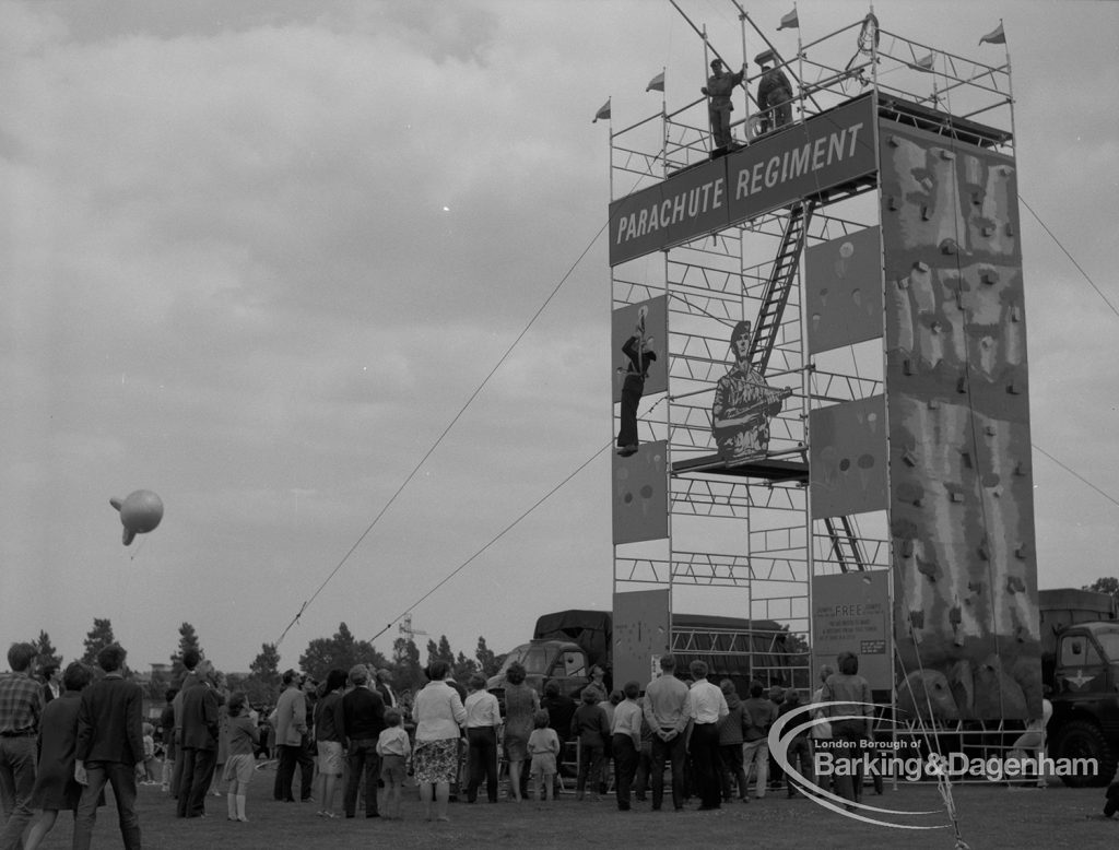 Dagenham Town Show 1967, showing Parachute Regiment display with jumping tower and spectators, 1967