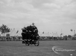 Dagenham Town Show 1967, showing Royal Marines Motorcycle Team Display, with twelve or so marines on motorbike in arena, 1967