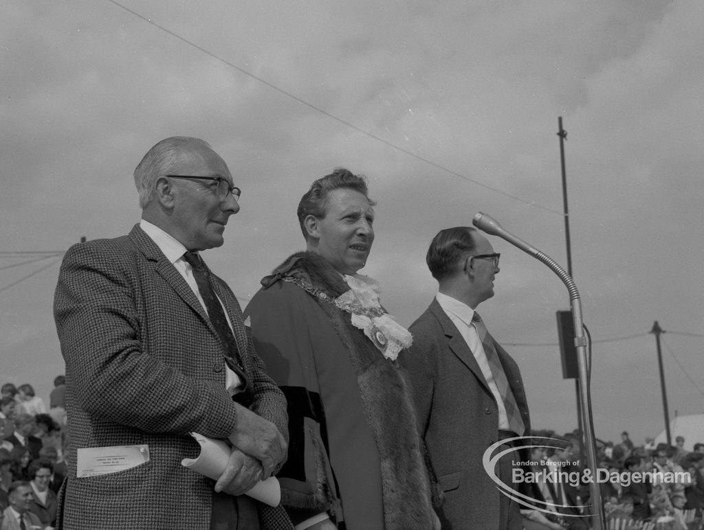 Dagenham Town Show 1967, showing Mayor Councillor William Noyce JP, between former Mayor Councillor Albert Ball JP and an official, 1967