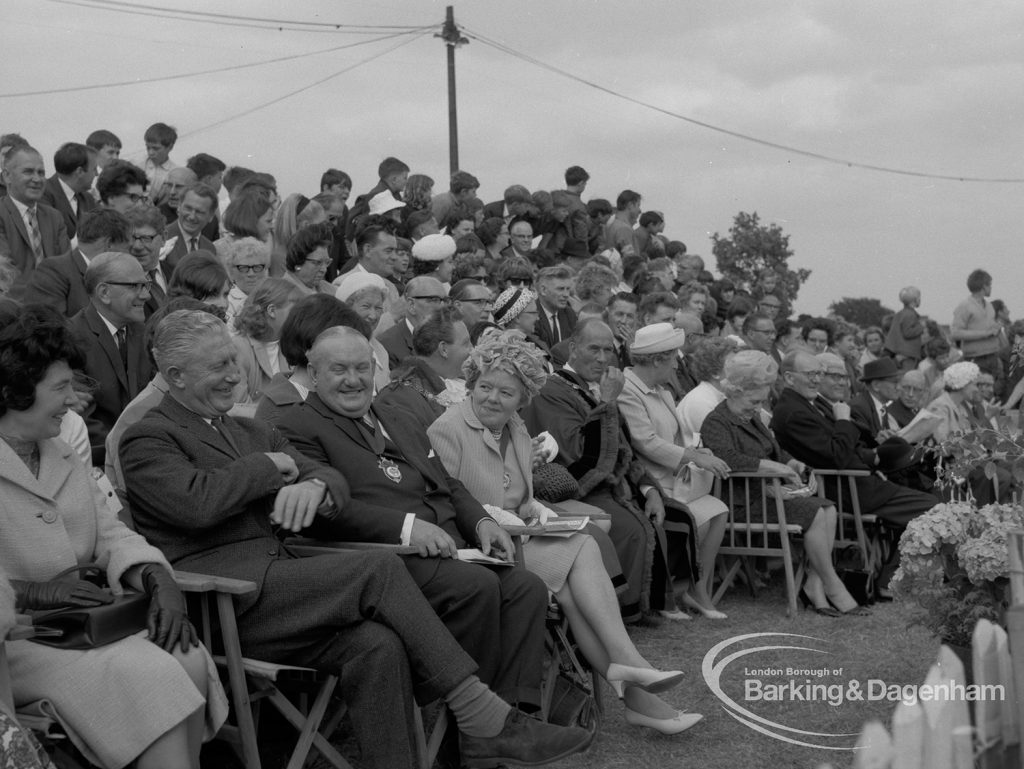 Dagenham Town Show 1967, showing seated officials and spectators watching events in arena, 1967