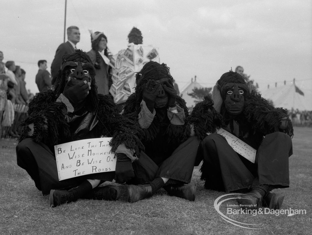 Dagenham Town Show 1967, showing fancy dress with three people dressed as monkeys: hear, speak and see no evil, 1967