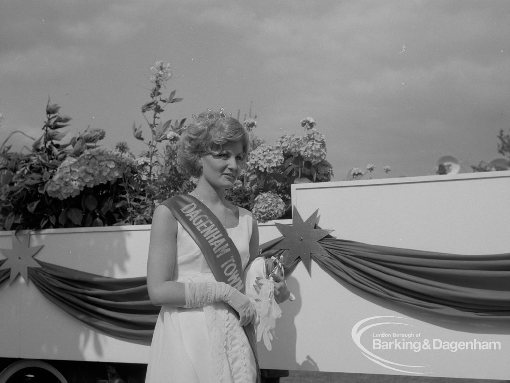 Dagenham Town Show 1967, showing Dagenham Town Show Beauty Queen standing in front of float, 1967