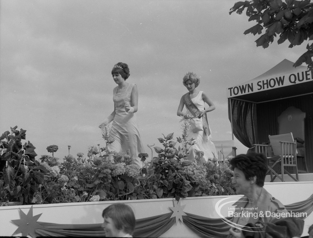 Dagenham Town Show 1967, showing the Town Show Queen and attendant standing up on float, 1967