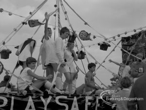 Dagenham Town Show 1967, showing a decorated Road Safety ‘Play Safely’ float with young people, 1967