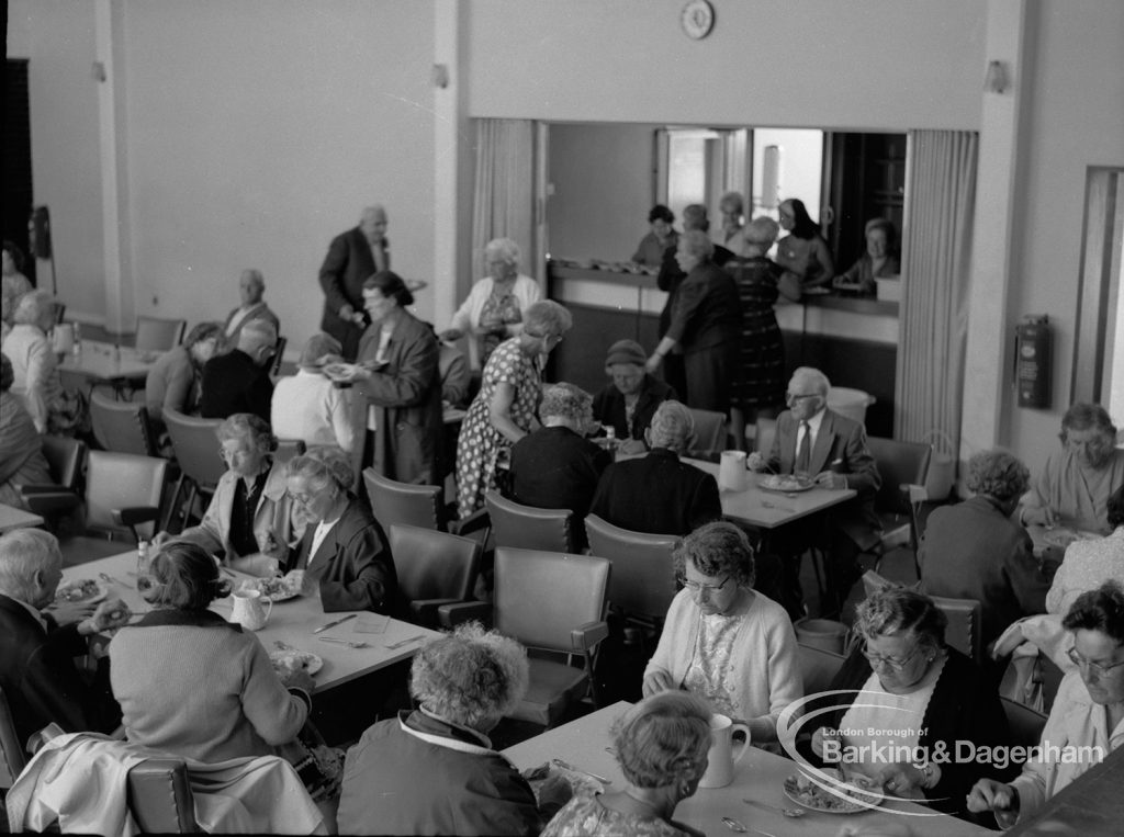 Old People’s Welfare luncheon at Fanshawe Hall, Dagenham, showing overhead view of guests sitting at tables, 1967