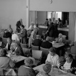 Old People’s Welfare luncheon at Fanshawe Hall, Dagenham, showing overhead view of guests sitting at tables, 1967
