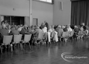 Old People’s Welfare luncheon at Fanshawe Hall, Dagenham, showing guests sitting at tables on west side, 1967