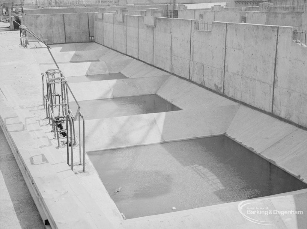 Sewage Works Reconstruction (Riverside Treatment Works) XIX, showing series of shallow, oblong storage tanks, 1967