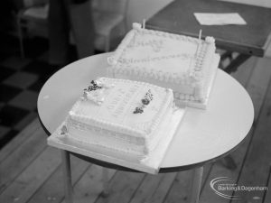 Old People’s Welfare, showing two specially made iced cakes at twenty-first anniversary celebration of Park Old Folk’s Centre, Rectory Road, Dagenham, 1967
