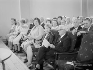 Old People’s Welfare, showing angled view of front rows of audience at twenty-first anniversary celebration of Park Old Folk’s Centre, Rectory Road, Dagenham, 1967