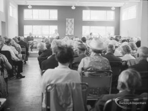 Old People’s Welfare, showing view from behind audience towards the platform at twenty-first anniversary celebration of Park Old Folk’s Centre, Rectory Road, Dagenham, 1967