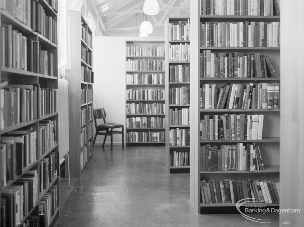 Freestanding bookstacks in temporary Barking Central Library in old Billiard Hall, off East Street, 1967