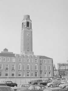 Barking Town Hall and Clock Tower, with cars below, 1967