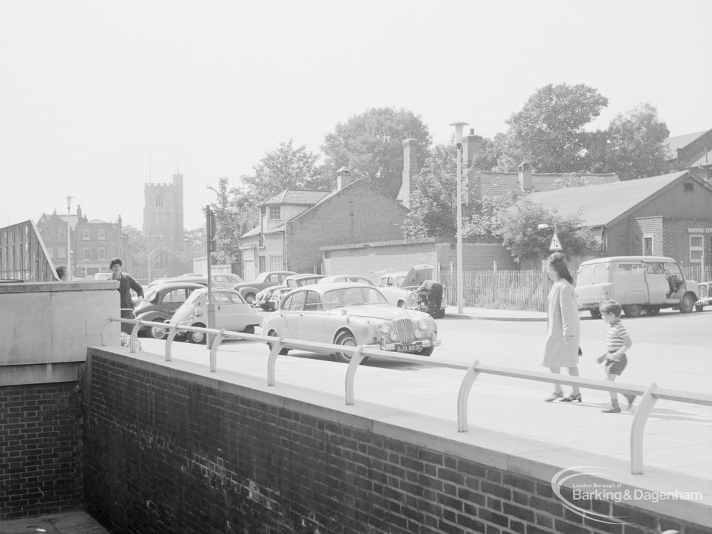 View along west side of Barking Town Hall, with St. Margaret’s Church beyond, 1967