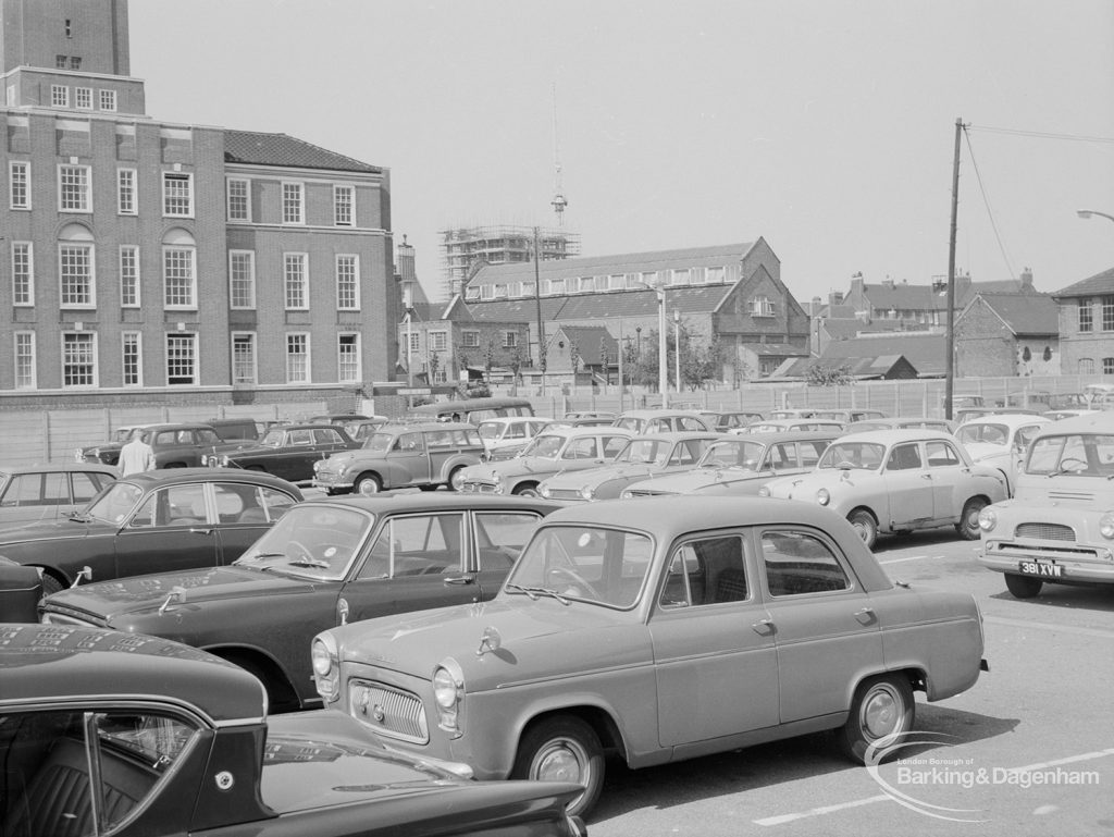 Barking Town Hall taken across car park from Axe Street side, looking south-east, 1967