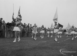 Barking Carnival 1967, showing majorettes marching behind leader, 1967