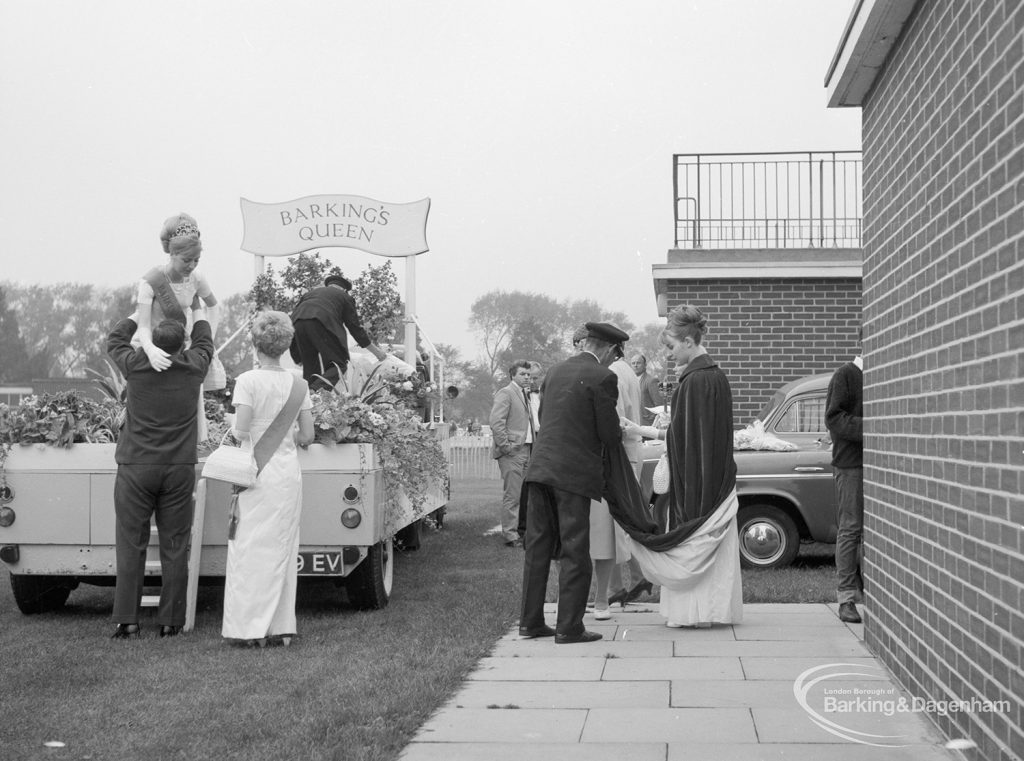 Barking Carnival 1967, showing Barking’s Queen and attendants leaving float, 1967