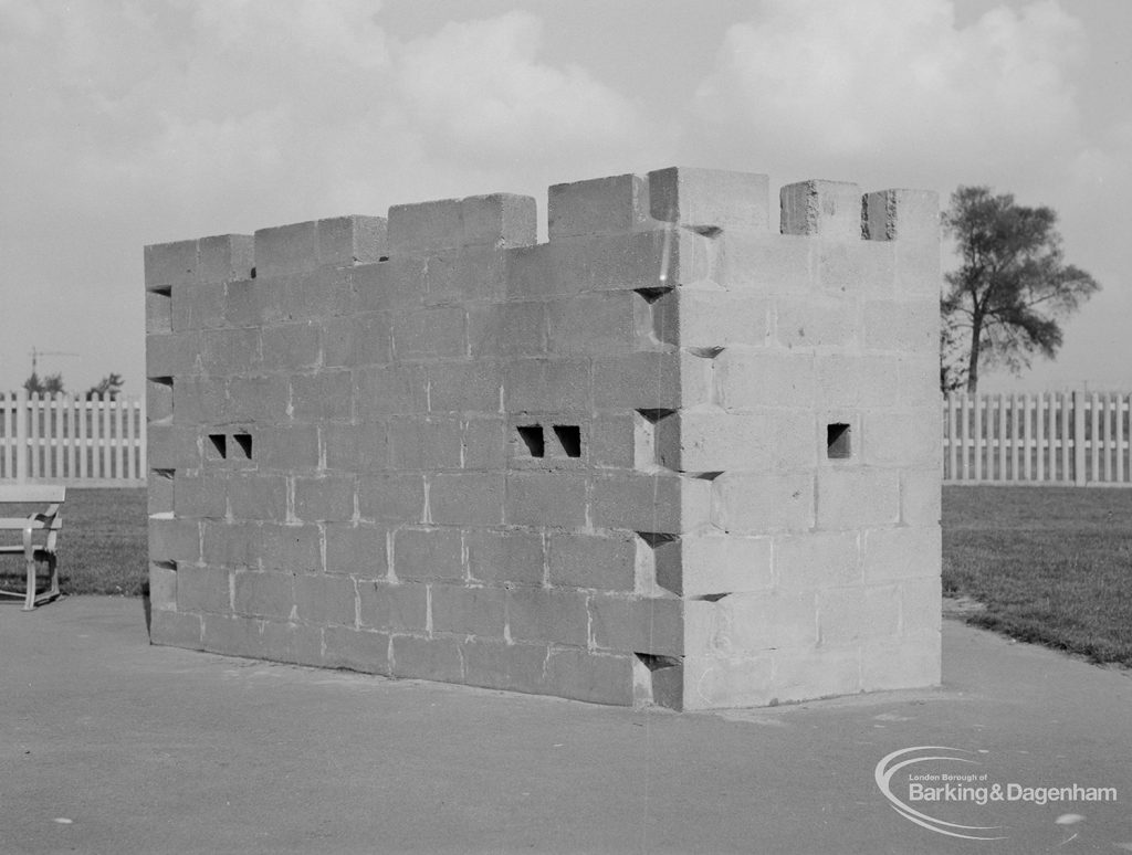 London Borough of Barking Works Department children’s playground in Oval Road North, Dagenham, showing ‘fort’, 1967