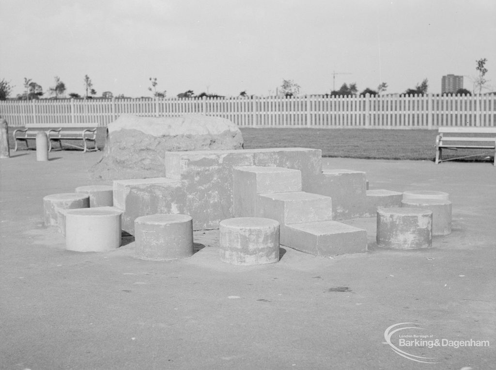 London Borough of Barking Works Department children’s playground in Oval Road North, Dagenham, showing series of square and round stepping stones, 1967