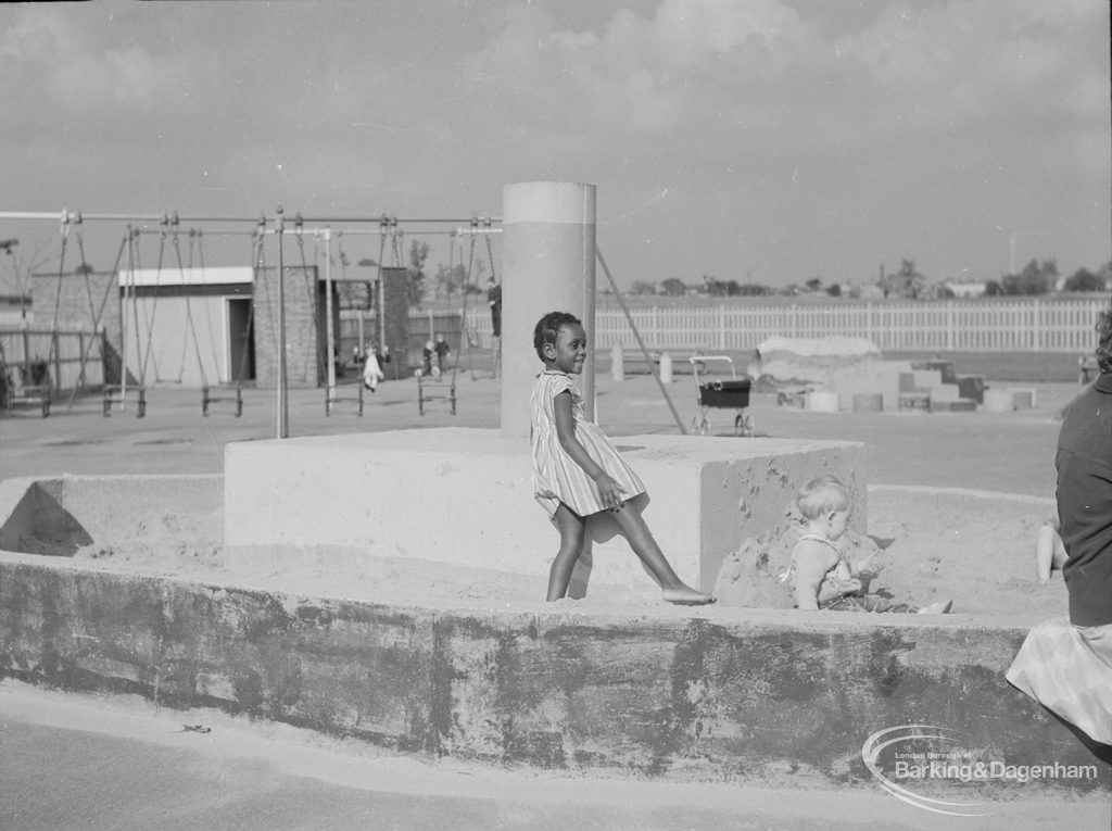 London Borough of Barking Works Department children’s playground in Oval Road North, Dagenham, showing children playing in sandpit, 1967