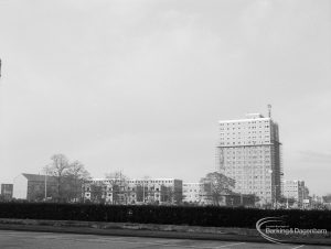Housing development, showing unnamed tower block (at right) and range (on south side) at Becontree Heath, 1967