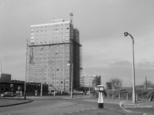 Housing development, showing unnamed tower block (in scaffolding) in Stour Road at Becontree Heath, 1967