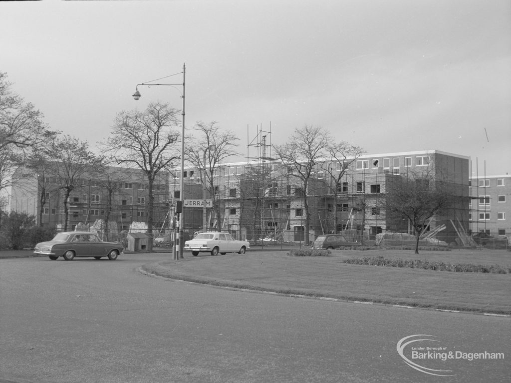 Housing development, showing finished dwellings on south-west edge of roundabout at Becontree Heath, 1967