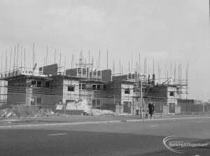 Housing development, showing unfinished dwellings on north side of Wood Lane in Becontree Heath, 1967