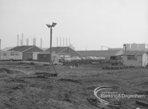 Sewage Works Reconstruction (Riverside Treatment Works) XX, showing contractors’ huts on site at Barking Creek outfall, 1967