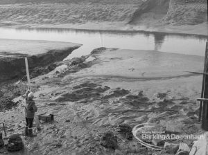 Sewage Works Reconstruction (Riverside Treatment Works) XX, showing surveyor standing on exposed mud at low tide at Barking Creek outfall, 1967