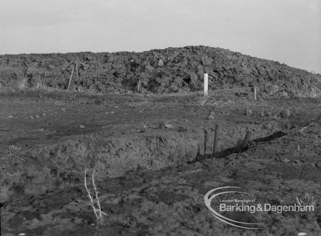 Sewage Works Reconstruction (Riverside Treatment Works) XX, showing typical terrain and mound beyond at Barking Creek outfall, 1967