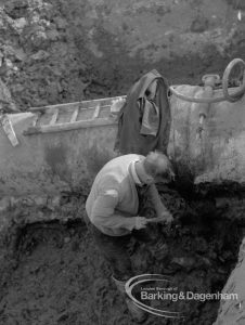 Sewage Works Reconstruction (Riverside Treatment Works) [French’s Contract at Rainham] XX, showing workman excavating old pipes, 1967