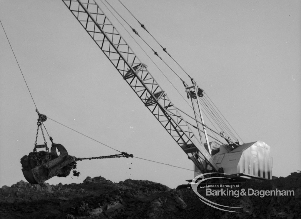 Sewage Works Reconstruction (Riverside Treatment Works) [French’s Contract at Rainham] XX, showing crane with remaining heavy bog and clay from site, 1967