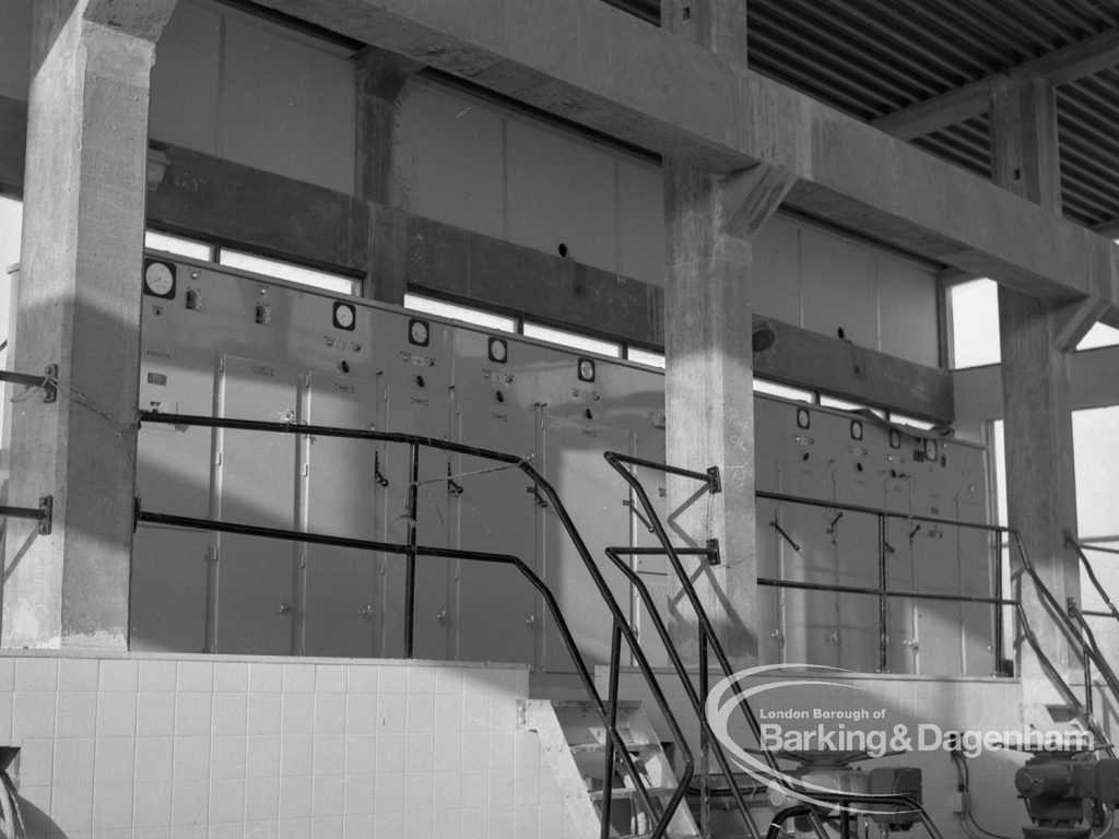 Sewage Works Reconstruction (Riverside Treatment Works) XX, showing  interior of powerhouse, with gangway and metal boxes, 1967