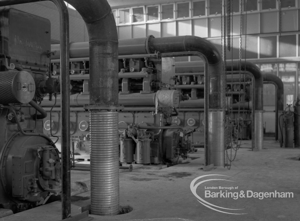 Sewage Works Reconstruction (Riverside Treatment Works) XX, showing  four sets of generators and connecting tubes in generating room, 1967