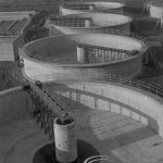 Sewage Works Reconstruction (Riverside Treatment Works) XX, showing line of four new circular digesters, all empty, 1967