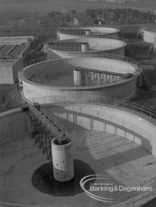 Sewage Works Reconstruction (Riverside Treatment Works) XX, showing line of four new circular digesters, all empty, 1967