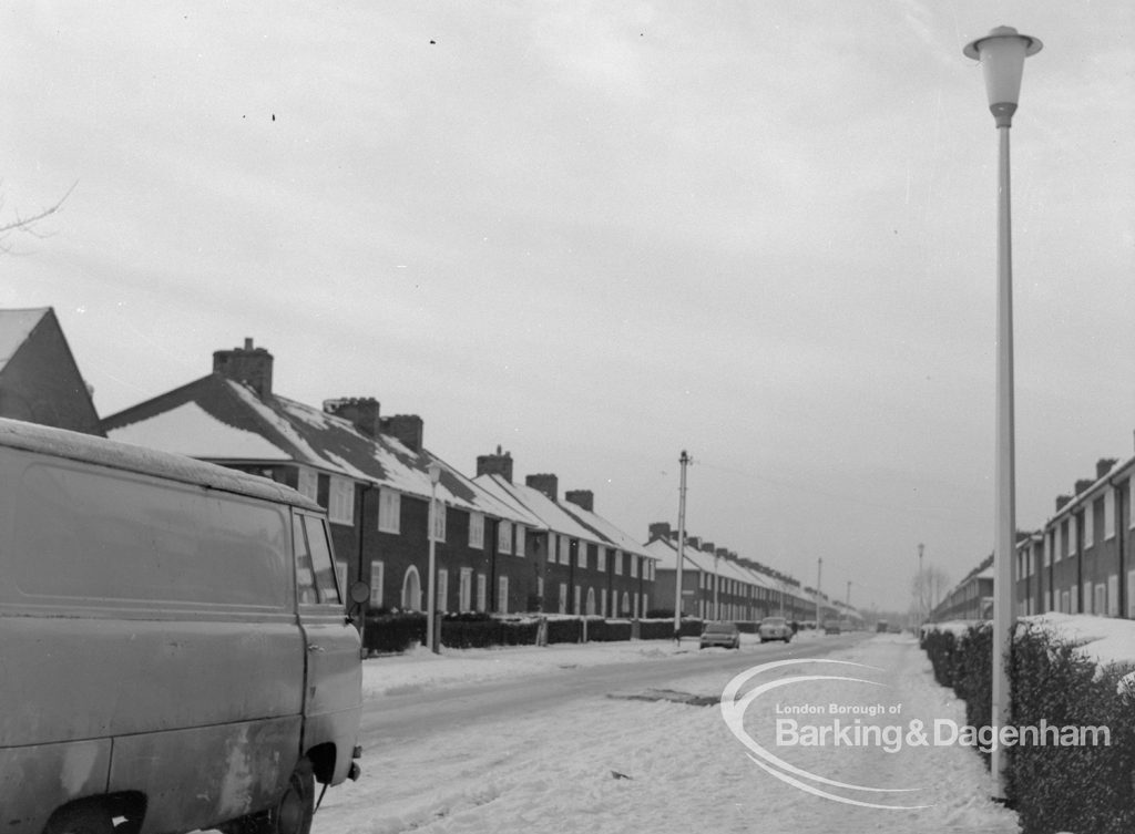 Street lighting, showing new columns in Ilchester Road, Dagenham under snow, 1968