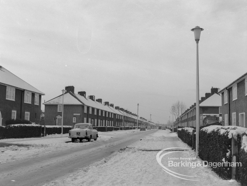 Street lighting, showing new columns in Ilchester Road, Dagenham under snow, 1968