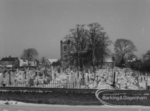 Old Dagenham Village under snow, showing St Peter and St Paul’s Church, also known as Dagenham Parish Church, and yard from south, 1968