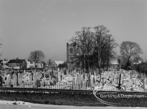 Old Dagenham Village under snow, showing St Peter and St Paul’s Church, also known as Dagenham Parish Church and yard, from south, 1968