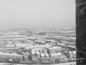 Old Dagenham Village under snow, showing view of Church Elm Lane, Dagenham, including School House, taken from top of Thaxted House [west of EES12639], 1968