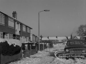 Old Dagenham Village under snow, showing view of Church Lane looking towards the Chequers Public House, 1968