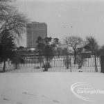 Old Dagenham Village under snow, showing Thaxted House seen across park from Rectory Library, 1968