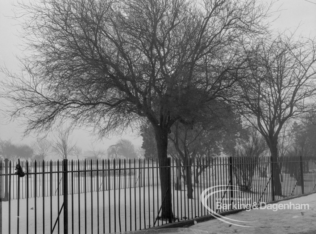 View of Old Dagenham Park under snow, taken from grounds of Rectory Library, 1968