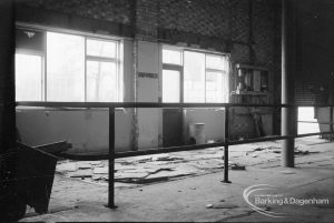 Cape Asbestos factory, Harts Lane, Barking, showing interior with damaged side walls, 1968