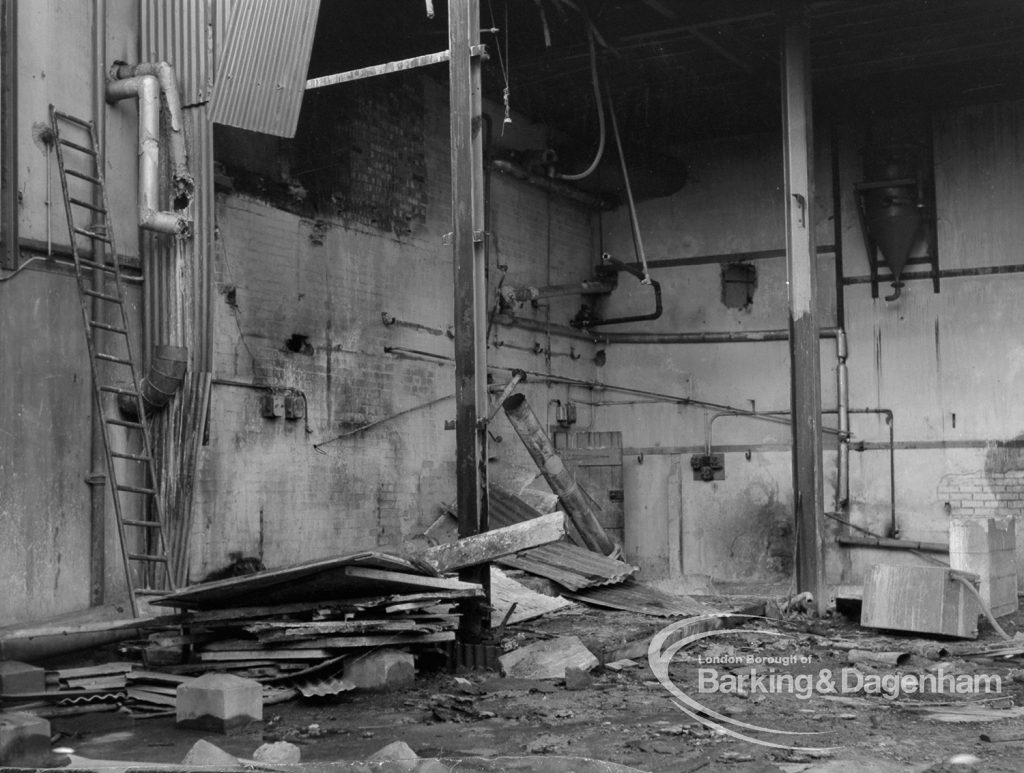 Cape Asbestos factory, Harts Lane, Barking, showing neglected and wrecked interior with broken concrete bases, 1968